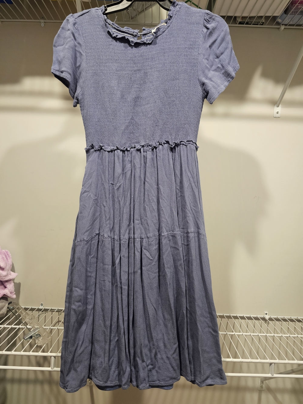 Lavender Blue Short-Sleeve Maxi Dress with Ruffle Neckline